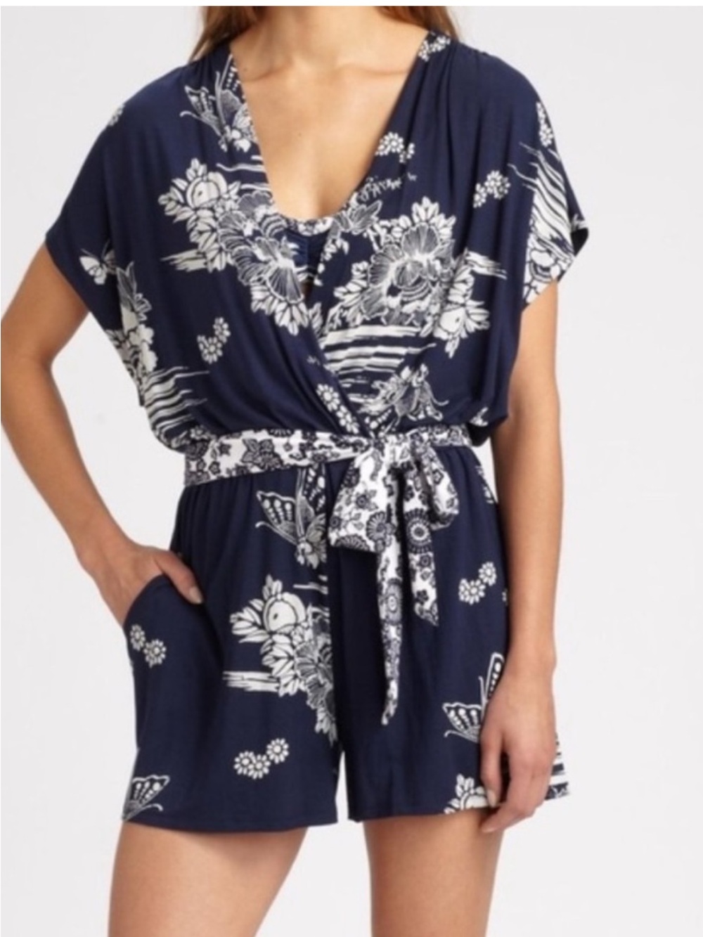 Nanette Lepore Navy Floral Tie-Waist Romper/ Beach coverup